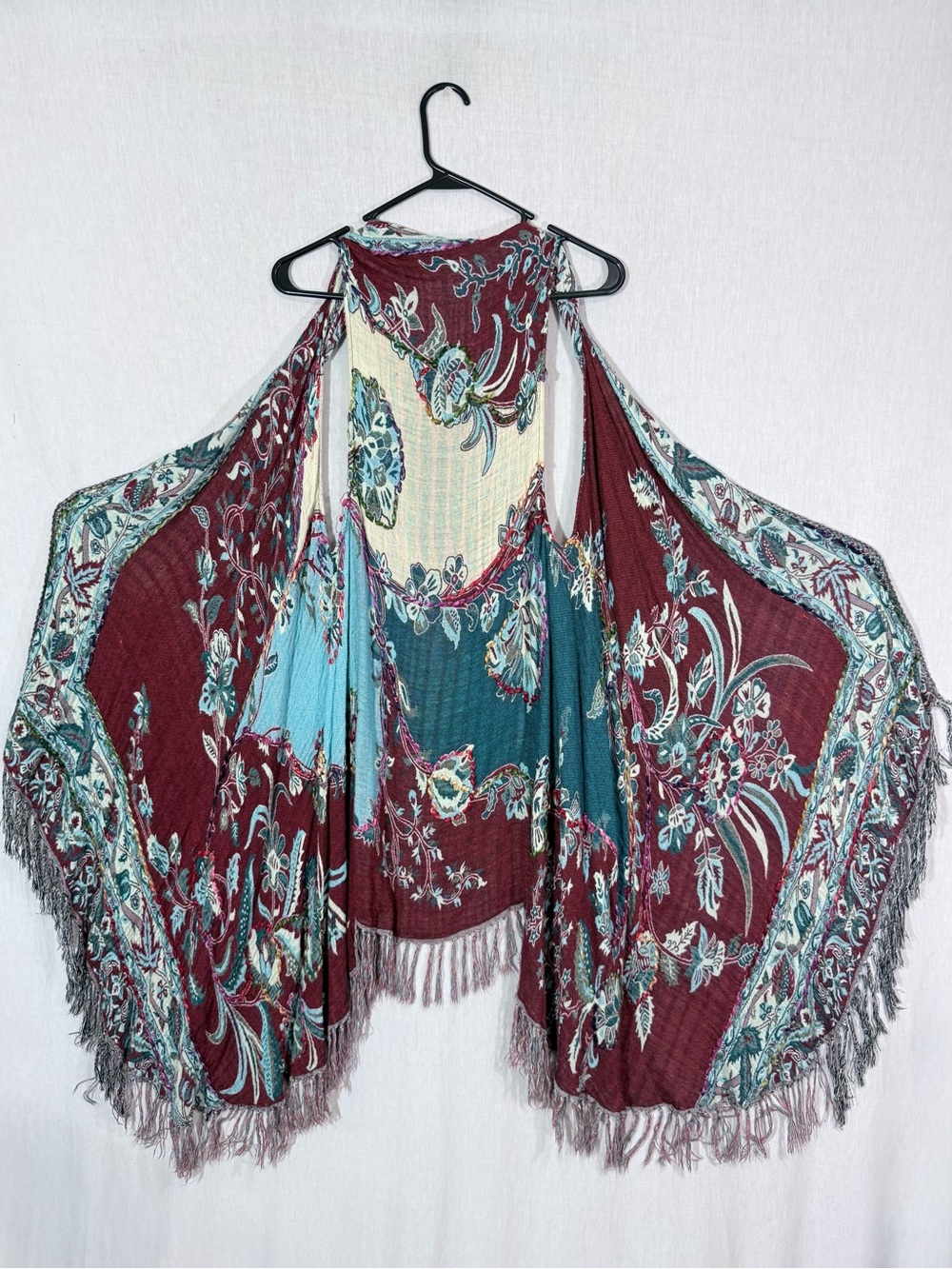 OOAK pashmina waterfall drape in cream Burgundy & Teal